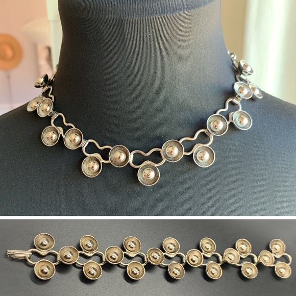 Vintage Silver Tone Modernist Bubble Geometric Chain Link Necklace Bracelet Set - Picture 1 of 11